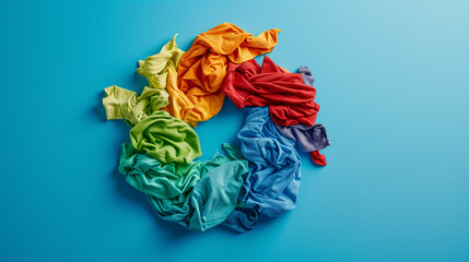 Multicolored pieces of fabric laid out in a circle levitate on a blue background