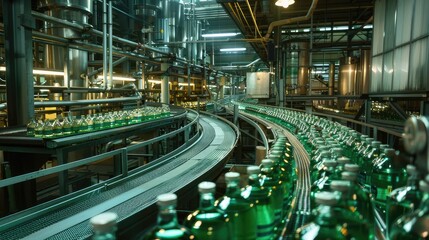 Fototapeta premium Witness the intricate manufacturing process in close-up, as glass bottles with screw caps travel along the conveyor belt