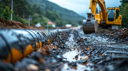 Excavation work underway on roads to install optical fiber infrastructure for high-speed internet. - obrazy, fototapety, plakaty
