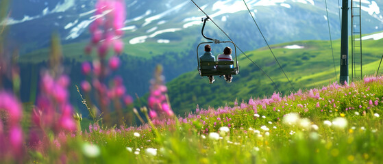 People on ski lift on scenery blooming hills, mountain. Springtime. Tourism. Mountain resort concept. Panorama view. Generative ai - obrazy, fototapety, plakaty