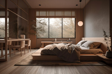 Cozy interior of bedroom in modern house in Japandi style.