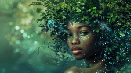 An African American woman who dresses up beautifully with the theme of saving the earth. make-up work with the theme of Mother Earth.