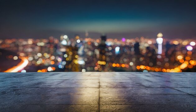 Fototapeta Concrete floor with cityscape and skyline background