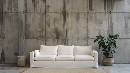 The room exudes an air of understated elegance, with a pristine white sofa anchoring the space against the industrial chic backdrop of a concrete paneling wall. - obrazy, fototapety, plakaty