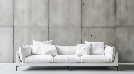 Space against the industrial chic backdrop of a concrete paneling wall, the room exudes an air of understated elegance, with a pristine white sofa anchoring.