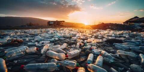 Environmental Warning: Plastic Pollution at Sunrise - obrazy, fototapety, plakaty