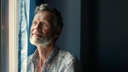Portrait of a widower man looking up and and out a window - obrazy, fototapety, plakaty