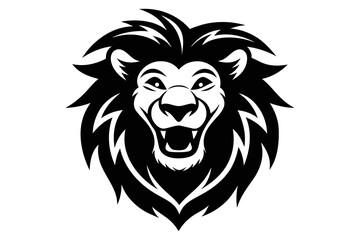 Lion with a big smile, for a logo. Simple black and white drawing style, with few drawing lines hgh