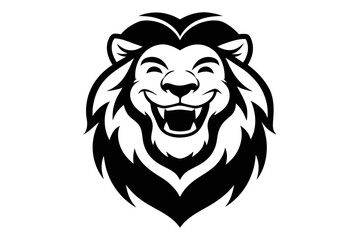 Lion with a big smile, for a logo. Simple black and white drawing style, with few drawing lines hgh