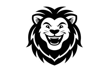 Lion with a big smile, for a logo. Simple black and white drawing style, with few drawing lines hgh