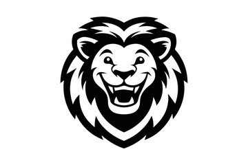 Lion with a big smile, for a logo. Simple black and white drawing style, with few drawing lines hgh