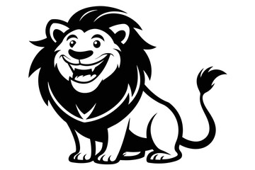 Lion with a big smile, for a logo. Simple black and white drawing style, with few drawing lines hgh