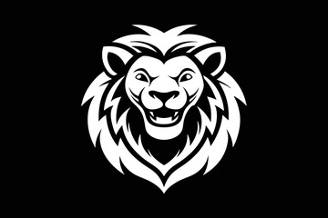 Lion with a big smile, for a logo. Simple black and white drawing style, with few drawing lines hgh