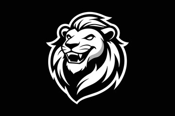 Lion with a big smile, for a logo. Simple black and white drawing style, with few drawing lines hgh