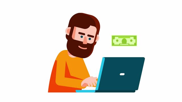 A man sits in front of a laptop computer, engaging in freelance work to earn income online. 2d looped animation with alpha channel
