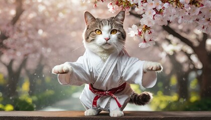  Funny cat in white kimono - obrazy, fototapety, plakaty