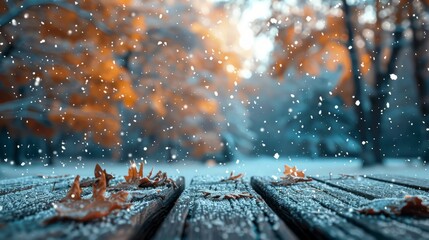 Wooden Table Covered in Snowy Leaves