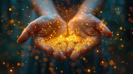 Person Holding Out Hands With Gold Glitter - obrazy, fototapety, plakaty