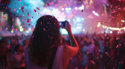 Back view of a woman taking a photo on her phone at a music festival - Powered by Adobe
