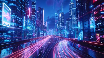 Fototapeta na wymiar Futuristic cyberpunk cityscape with blue and pink light trails, portraying a sci-fi downtown scene at night with skyscrapers, highways, and billboards, depicted in a 3D illustration.