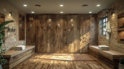 Spacious Bathroom With Wooden Walls and Floors