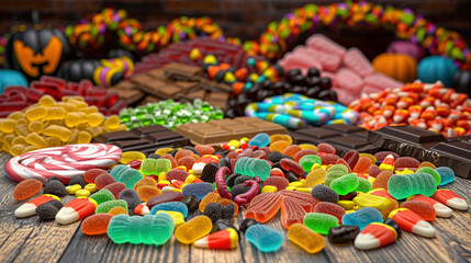 Assorted Halloween Candies on Table - obrazy, fototapety, plakaty