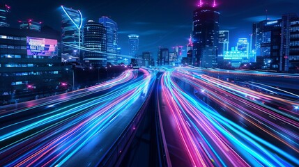 Futuristic cyberpunk cityscape with blue and pink light trails, portraying a sci-fi downtown scene at night with skyscrapers, highways, and billboards, depicted in a 3D illustration.