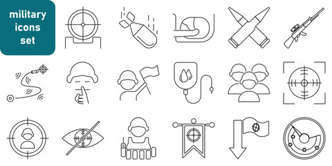 a collection of icons about the military, the contents of which include rifles, bullets, targets, and many more