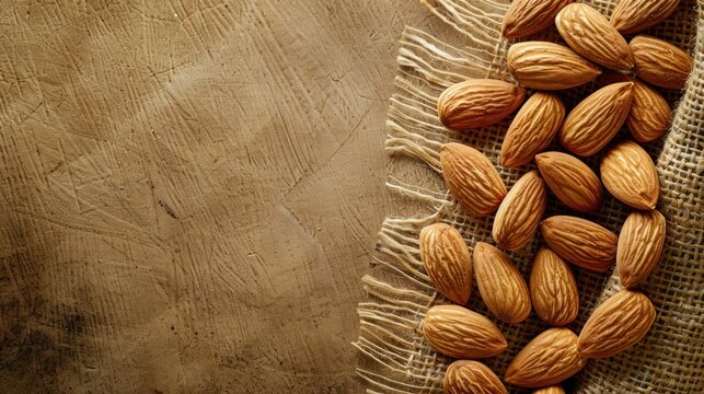Group dry healthy food of almond nuts seeds on brown sack background. AI generated image