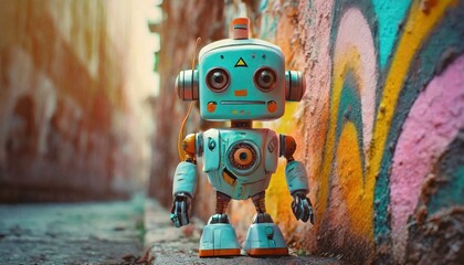  cute robot near graffiti wall 