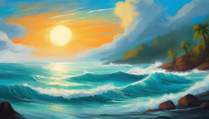 Oil painting of sunset over the ocean with sun in cloudy sky. Sea waves. Natural landscape. - obrazy, fototapety, plakaty