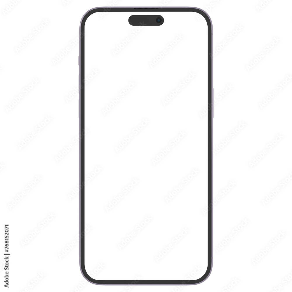 Wall mural front side photo of violet smartphone similar to iphone without background. template for mockup