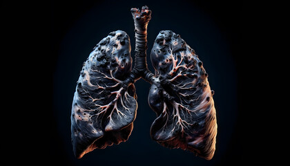 a 3D human lung deeply affected by the adverse effects of smoking, concept illustration - obrazy, fototapety, plakaty