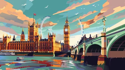 Fotobehang abstract illustration of london england big ben in the background river and bridge in the foreground © admilustrador