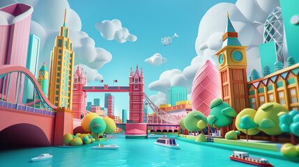 abstract illustration of london england big ben in the background river and bridge in the foreground - obrazy, fototapety, plakaty