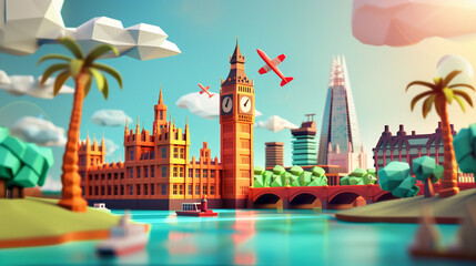 abstract illustration of london england big ben in the background river and bridge in the foreground