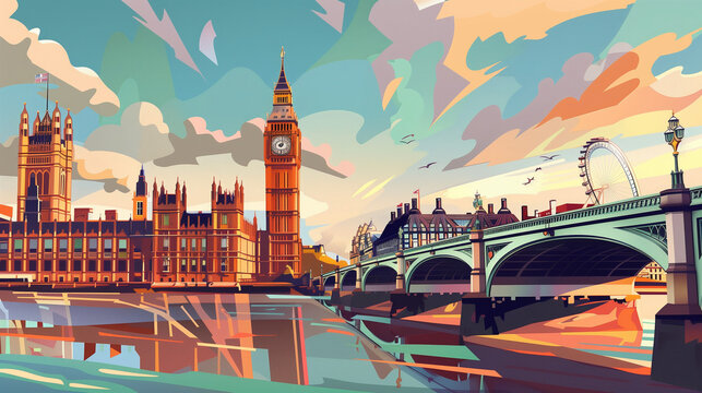 abstract illustration of london england big ben in the background river and bridge in the foreground