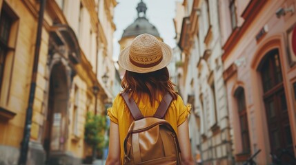 Rear View Photograph of Solo Female Traveler Exploring European Landmarks