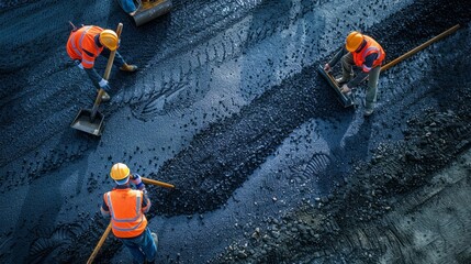 Three men in orange vests are working on a road
