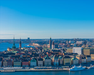 Stockholm old town - Gamla stan. Aerial view of Sweden capital. Drone top panorama photo