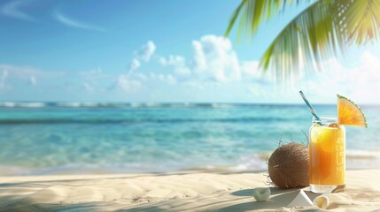 Summertime Beach Scene with Refreshing Drinks and Coconut Trees