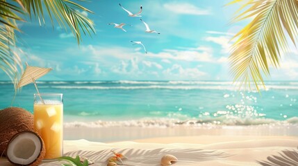 Obraz premium Summertime Beach Scene with Refreshing Drinks and Coconut Trees
