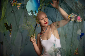 A bald woman poses artistically with a sea-inspired backdrop featuring colorful fish and netting