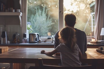 A man and a little girl sitting at a kitchen table, engaged in conversation while sharing a meal, The paradox of work-life balance at home, AI Generated