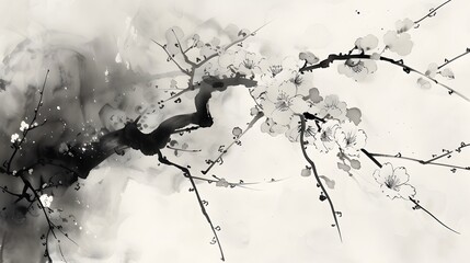 Black ink wash painting of a landscape with Japanese oriental style.