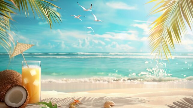 Summertime Beach Scene with Refreshing Drinks and Coconut Trees