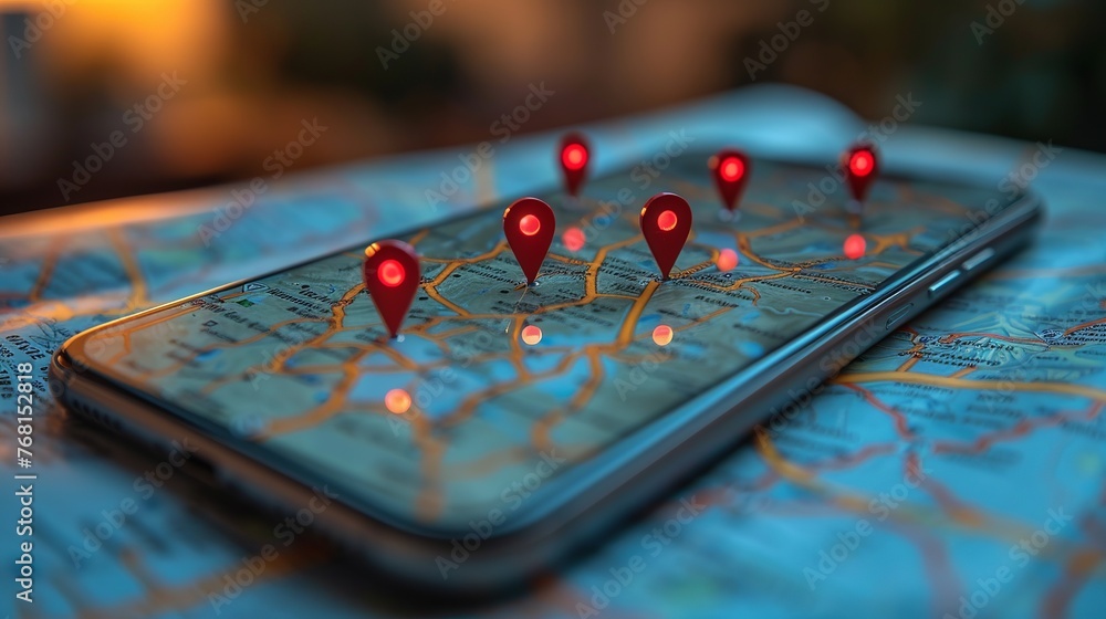 Aufkleber hand holding a smartphone with a local map displaying location red pins.