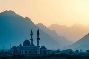 Majestic Building With Twin Towers in Front of Mountain Range, The serene setting of a mosque at sunrise with backdrop of mountains, AI Generated - obrazy, fototapety, plakaty