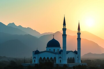 A photograph capturing a large white building with a distinctive blue dome standing against clear blue sky, The serene setting of a mosque at sunrise with backdrop of mountains, AI Generated - Powered by Adobe
