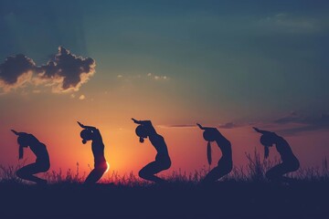 A diverse group of individuals practicing yoga poses on a sandy beach while enjoying the view of a vibrant sunset, The stages of Sun Salutation yoga poses, AI Generated